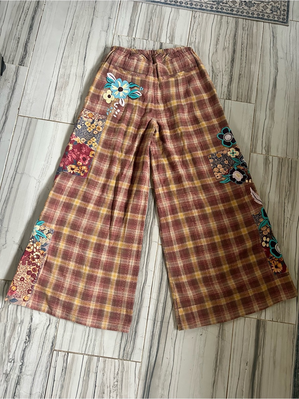 NWT Free People Brooks Embroidered Wide-Leg Patchwork Pants in Green Combo - Picture 7 of 16